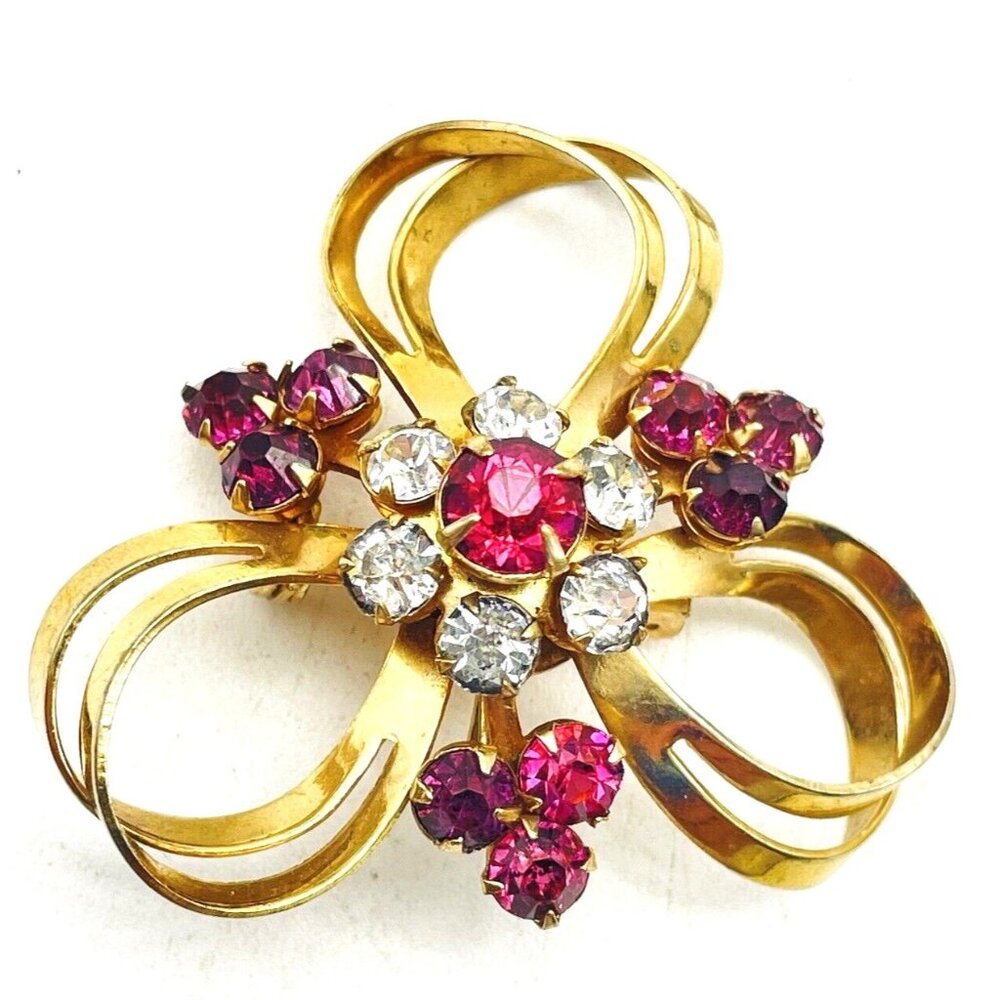 Vintage Gold Tone Ribbon Brooch With Pink and Clear Rhinestones Mid Century
